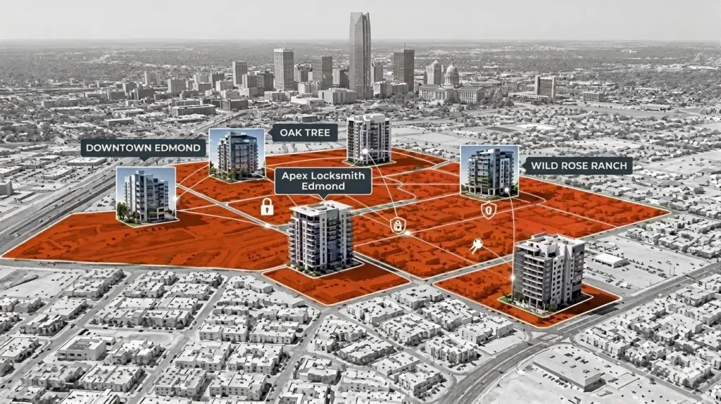 Map showing Apex Locksmith service areas in Edmond including Downtown Edmond, and Oak Tree