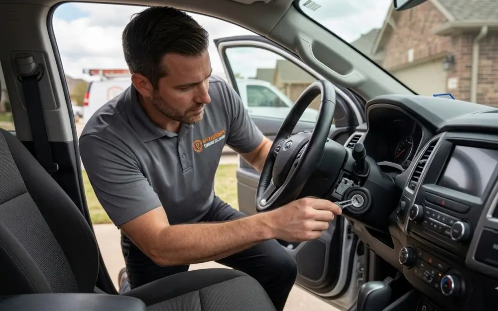 Auto locksmith repairing or replacing a car ignition system in Edmond OK