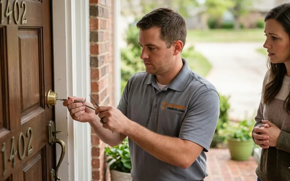 Locksmith unlocking front door for homeowner during house lockout in Edmond OK