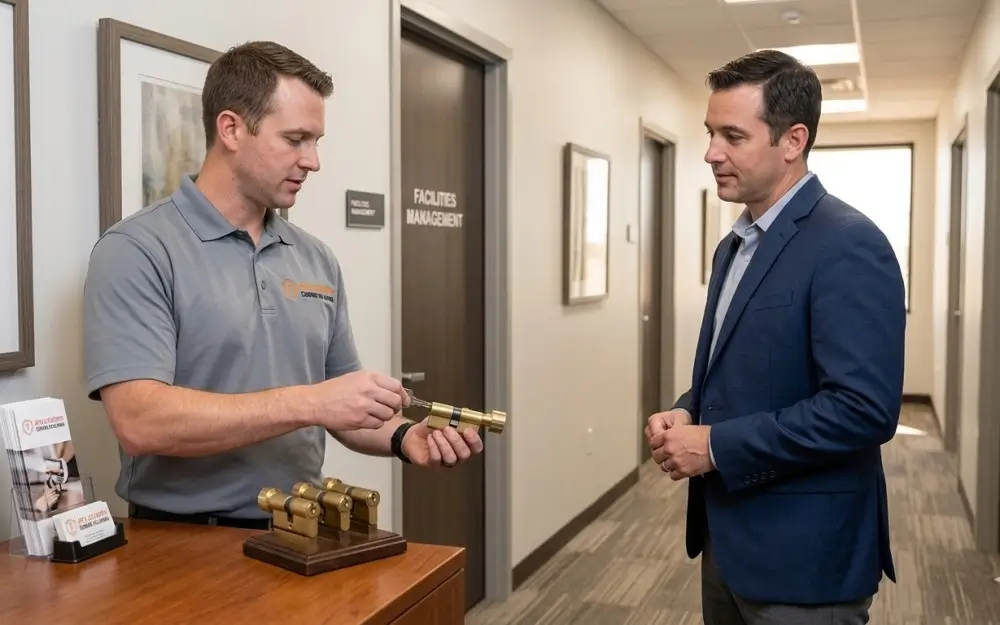 Commercial locksmith explaining a master key system to a business client in Edmond OK