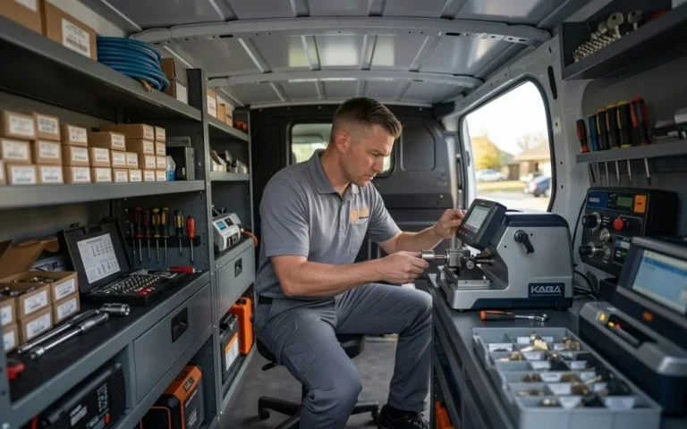 Fast mobile locksmith giving lock rekeying service in his fully equipped locksmith van.